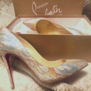 SOLD!Christian Louboutin Gold Pigalle Follies Flame Print Lurex Fabric Heels
